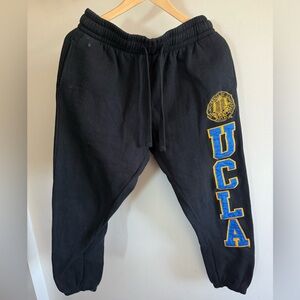 UCLA Embroidered Unisex Black Sweatpants Stretch Waist Drawstring Cuff Pants, M
